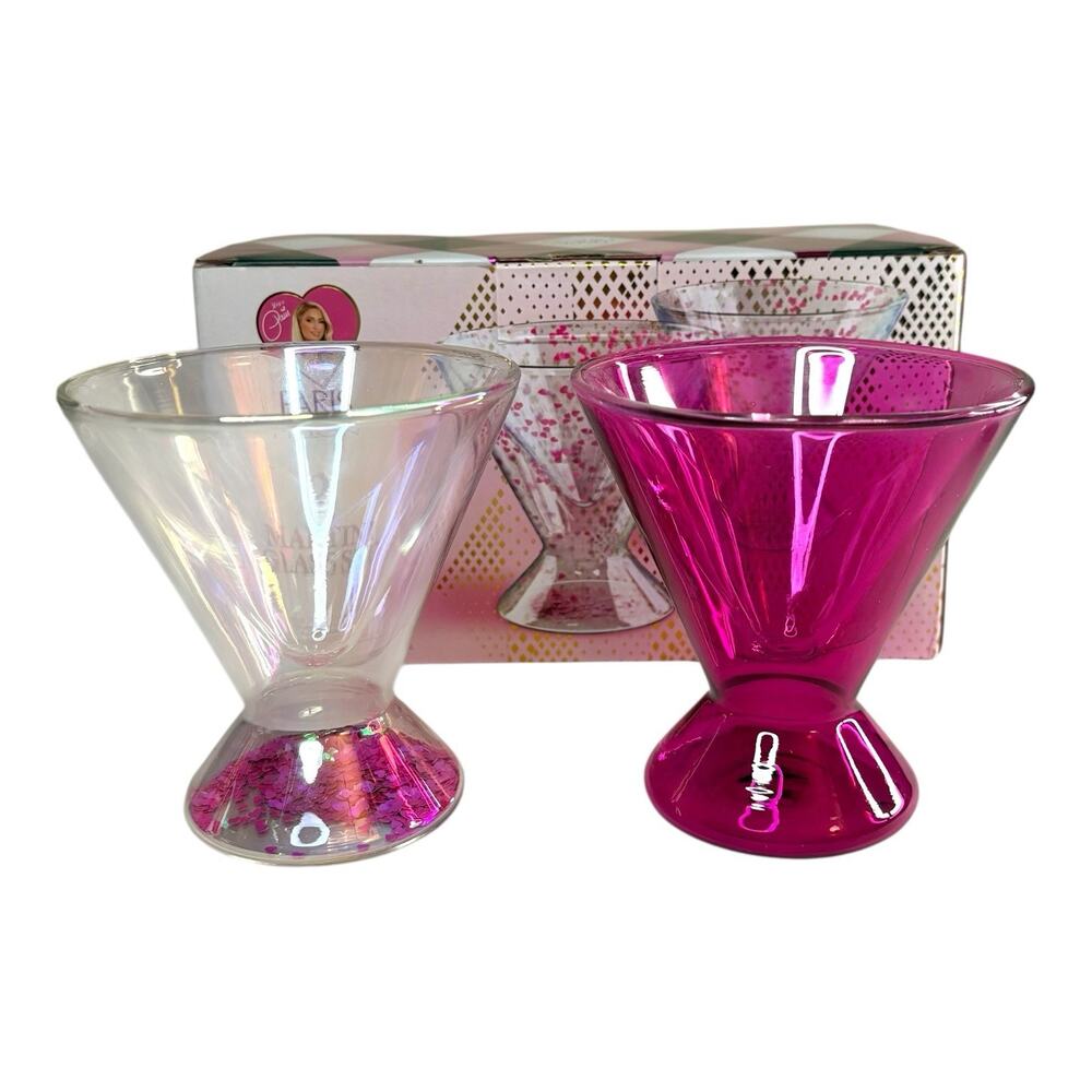 NOB Paris Hilton 2 Piece 7 oz Martini Rainbow Glass Set Pink Heart Confetti NEW